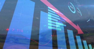 Displaying dashboard overlaying rural field horizon, with bar line charts, arrow, values, circles. Analytics, data visualization, outdoor, nature, business, technology, visualization