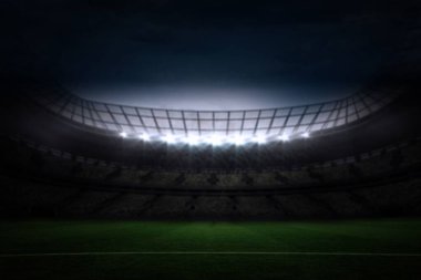 Empty grass field glowing under floodlights and curved roof trusses in flat design football stadium. Athletics, illumination, architectural, minimalist, sport, recreation, outdoor