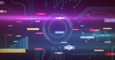 Showing virtual interface with central liked HUD, Subscribed, Get Notified banners, cursor, charts. Futuristic, technology, interface, data, digital, high-tech, dashboard