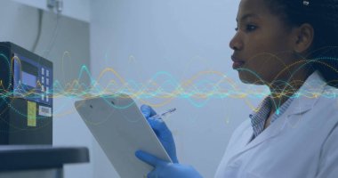 Scanning researcher in lab coat holding clipboard at lab bench analyzing instrument with waveforms. Scientist, laboratory, instrumentation, biomedical, precision, modern, innovation