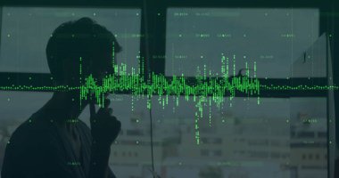 Talking on smartphone silhouette man by office window, green waveform overlay, markers, copy space. Technology, communication, urban, data, analytics, professional, digital