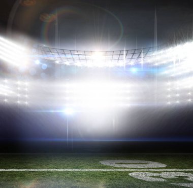 Bright floodlights are illuminating green turf marked white 30 yard line in flat design stadium. Sports, stadium, arena, lighting, turf, field, championship