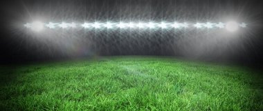 Çimen spor sahası düz tasarım gece gökyüzünün altında parlıyor, stadyumun ışıklı ışıklarıyla. Stadyum, aydınlatma, açık hava, çim, gece, arena, aydınlatma