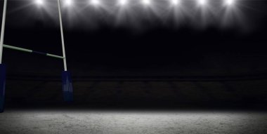 Mavi dolgulu beyaz kale direği gri alanda, düz tasarımda projektörlerin altında duruyor. Stadyum, atletizm, rekabet, dayanıklılık, performans, açık hava, minimalist