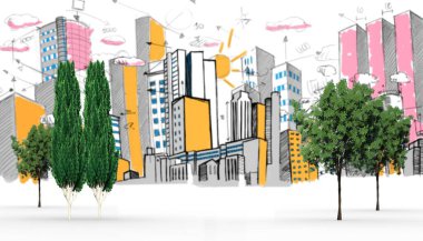 Renkli ufuk çizgisine karşı dijital olarak oluşturulan ağaç görüntüsü