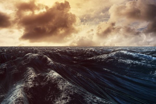 Stormy ocean waves are rising in flat design seascape, with dark water ridges and foamy crests. Adventure, nature, dramatic, rugged, wild, ocean, landscape