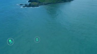 Deniz ikonları üzerinde yükselen bir saniyelik gecikme adasından sonra enerji şebekesi kayboluyor ve kümeleniyor. Denizci, sürdürülebilirlik, fütüristik, teknoloji, çevre, çevre dostu, dijital