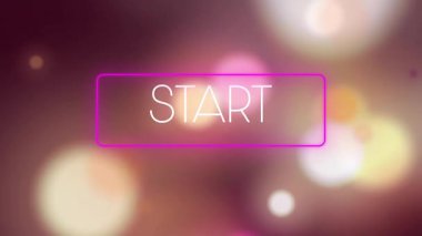 Gecikmeden sonra pembe START düğmesi soluyor, Bokeh ışıkları titreşiyor ve sürükleniyor ve giriş döngüsü oluşturuyor. Neon, soyut, dijital, geleceksel, arayüz, hareket, canlı
