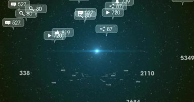 Yıldız alanı başlatılıyor, merkezi ışık titreşimli metrik simgeler yörüngede geri çekiliyor görselleşen sosyal ölçümler. Fütürist, soyut, dijital, canlı, dinamik, teknoloji, kozmoloji