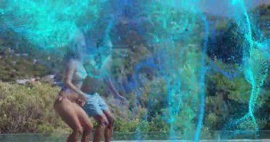 Yürüyen havuz kenarları parlayan mavi parçacık girdabına başlıyor. Teknoloji etkisini gösteriyor. Romantizm, dijital sanat, fütüristik, macera, açık hava, manzara, canlı