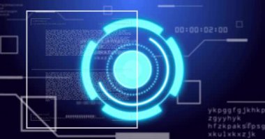 Parlak mavi HUD görünümü, tarama çerçeve metni ve döngü veri listelerini doldurarak başlatılıyor. Fütürist, holografik, teknoloji, arayüz, dijital, hareket, izleme