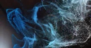 Turuncu basketbol çemberinde dönen mavi ve beyaz parçacıklar spor teknolojisini ortaya çıkarıyor. Soyut, fütürist, dinamik, dijital, enerjik, atletik, yenilikçi