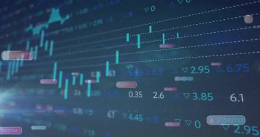 Şebekede şamdan grafiği yükseliyor, haplar yüzüyor ve histogram titreşimi veri eğilimlerini gösteriyor. Finansal, analitik, veri, teknoloji, görselleştirme, dijital, iş