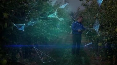 Meyve bahçesinde tablet tutan adam, titreşen teknoloji şebekesine bağlanan çokgenler ve dönen küreyi oluşturan adam. Fütürist, dijital, yenilik, bağlantı, teknoloji, doğa, keşif