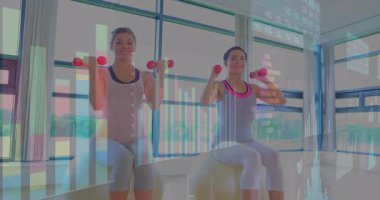 Toplar üzerindeki egzersiz partnerleri, spor yapmak için verilerin üst üste geldiği kırmızı halterler kullanarak baskı yapmaya başlıyorlar. Fitness, takım çalışması, güç, sağlık, kararlılık, yüksek teknoloji, modern