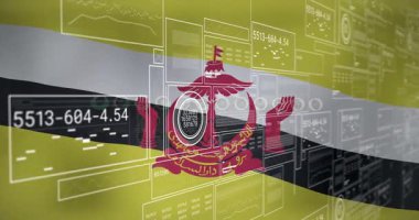 Brunei bayrağının görünmesi, gösterge için sayısal ölçümlerin gösterimiyle birlikte kaybolan arayüzü tetikliyor. Teknoloji, dijital, arayüz, fütüristik, veri görselleştirme, animasyon, ulusal sembol