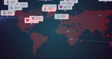 Açılış sahnesi kıtaları birleştiren ve sosyal ölçümleri güncelleyen kırmızı dünya haritalarını gösteriyor. Küresel ağ, veri görselleştirme, dijital analiz, bağlantı, teknoloji, bilgi akışı, bilgi grafikleri