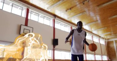 Spor eğitimli basketbol oyuncusu, son top sektirme vuruşuyla altın girdabı başlatıyor. Atletik, enerji, motivasyon, kararlılık, karanlık, dinamik, hareket