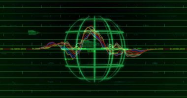 Yeşil ağ küresinin içinde yükselen dalga biçimi gözlemlemek için taban çizgisini düzleştiriyor. Dijital, teknoloji, görselleştirme, veri, soyut, geleceksel, arayüz