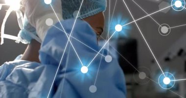 Cerrah ameliyathanede kapsül ve maske takarak ameliyata hazırlanıyor. Animasyon mühür göstergeleriyle. Sağlık, profesyonellik, kısırlaştırma, güvenlik, hassasiyet, klinik, hijyen