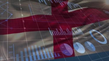 İngiltere bayrağı üzerinde 3 boyutlu ızgara açılıyor bar turtası ve çizgi çizelgeleri dalgalanan bayrak gösteriliyor. Veri görselleştirme, finansal analiz, dijital arayüz, bilgi, dinamik hareket, teknolojik, kurumsal