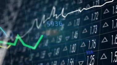 Oynatmada, 3 boyutlu çubukların canlandırılması, çizgilerin salınması, pazar eğilimleri için güncellenen değerler. Finans, analitik, veri görselleştirme, pazar, teknoloji, dijital, yatırım