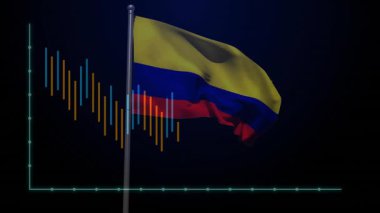 Baltalar beliriyor, arka planda yükselen ve düşen trendleri görselleştiren parmaklıklar gibi Kolombiya bayrağı dalgalanıyor. Finans, analitik, veri görselleştirme, dijital sanat, iş zekası, kurumsal, modernizasyon