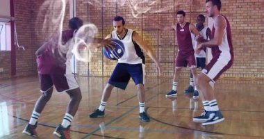 Kestane rengi forma top sektirme sporda defans oyuncusundan kaçarken enerji girdabı oluşturur. Atletizm, rekabet, spor, çeviklik, hareket, takım çalışması, yoğunluk