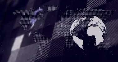 Noktalı harita darbeleri dünya simgesinin ortaya çıkmasını tetikler, dönen 3D altıgen küreye dönüşür. Teknoloji, yenilik, dijital, ağ, siber alan, bağlantı, geleceksel