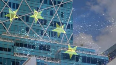 Yıldızlar, cam bina üzerinde halka oluşturur. Dönüşümlü olarak ayrılırlar. Sürüklenerek ağ bağlantısını resmederler. Gelecekçi, yenilikçi, teknoloji, şehir, soyut, dijital, kurumsal