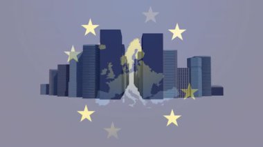 Haritanın etrafında oluşan kısmi yıldız halkası AB 'nin birliğini gösteren ara sokağa bölünüyor. Kentsel, ufuk çizgisi, siluet, soyut, canlı, modern, bağlantı