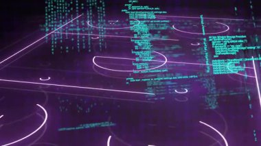 Sayısal kod düzlem üzerinde kademeli olarak ilerlerken, veri akışı için düğümleri gösteren üç boyutlu veri şebekesi. Teknoloji, siber güvenlik, fütüristik, dijital, sanal, yenilik, veri