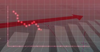 Şebekede parlayan kırmızı veri noktaları ortaya çıkıyor ve salınırken kayıyor, aşağı doğru eğilimi gösteriyor. Gelecekçi, yenilikçi, analitik, dijital, teknoloji, dinamik, soyut