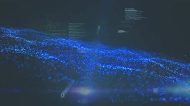 Mavi veri dalgasının üzerinde süzülen kamera, sürüklenen yüzen kod panelleri, demo için inen ışık demeti. Teknoloji, dijital, siber uzay, holografik, fütüristik, yenilik, veri görselleştirmesi