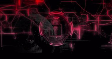 Asma kilit, titreşen halkalar halinde ortaya çıkıyor. Dünya parlarken dalgalar gönderiyor ve devreler güvenliği sağlıyor. Siber uzay, güvenlik, koruma, dijital, geleceksel, ağ oluşturma, şifreleme