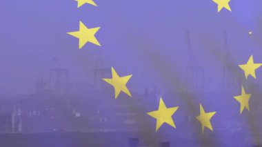 Mavi örtülü, puslu siluet sarı yıldızlar dönüyor ve AB bayrağı motifini oluşturuyor. Soyut, kentsel, fütürist, minimalist, kurumsal, sivil, kurumsal