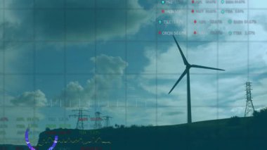 Tepe aktivasyon çizelgelerini dönen türbin bıçaklarıyla kaplayan veri ızgarası performansı görselleştiriyor. Yenilenebilir, sürdürülebilir, teknoloji, analitik, dijital, gelecekçi, çevresel