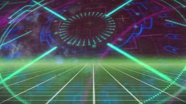 Turkuaz kirişler dönüşümlü HUD halkası oluşturan köşelerden fırlıyor ve demo için yeşil şebekeye dökülüyor. Gelecek, dijital, siber, teknoloji, arayüz, simülasyon, neon