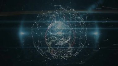 Erkek eller teknolojik arayüzde sanal ağ küresine dokunuyor, analiz için veri düğümlerini çeviriyor. Gelecek, teknoloji, dijital, ağ, arayüz, soyutlama, yenilik