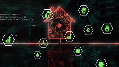 Altıgen ölçümleri parlayan devre levhalı ev silueti etrafında değiştirilip güncelleniyor. Teknoloji, veri görselleştirme, dijital arayüz, siber güvenlik, fütüristik, yenilik, analitik