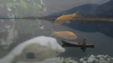 Adam teknoloji demosu için kano vuruşuna başlarken kırmızı kanoyla kürek çekiyor ve yüzen süs balıklarını örtüyor. Sakin, sakin, düşünceli, doğa, yansıma, sanatsal, minimalist