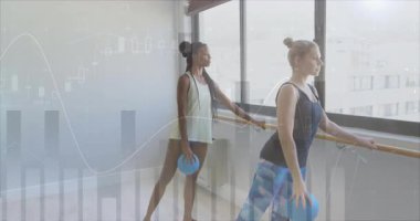 Barre ve topları tutan antrenman partnerleri formda kalabilmek için yan kalça kaldırma hareketleri yapıyorlar. Fitness, egzersiz, antrenman, esneklik, denge, güç, dinamik