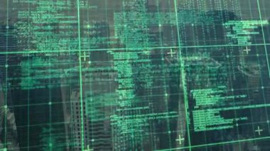 Yeşil ızgara açılıyor ve bölümleri vurgulayan artı imlecler ile bulanık siluet üzerinde kaydırma kodu açılıyor. Gelecekçi, dijital, teknoloji, yenilik, arayüz, kentsel, veri