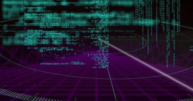 Kod blokları yansıtılıyor. Sanal gerçeklik ızgarasının üzerinde işaretleyici ve köşegen ışık demeti olan ikili kod. Gelecekçi, siber uzay, dijital, holografik, neon, teknoloji, sanal