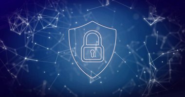 Ağ boşluğunda kalkan simgesi ve asma kilit sembolü vurgulanıyor, ağ düğümleri güvence altına alınıyor, hatlar bağlanıyor. Siber güvenlik, veri koruması, dijital ağ, şifreleme, teknoloji, fütürist, güvenlik altyapısı