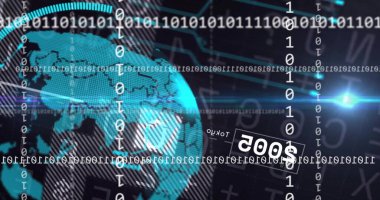 Harita hatlarını ve ızgaraları veri arayüzünde akan ikili akımlarla gösteren yüzen dijital küre. Teknoloji, siber güvenlik, ağ, yenilik, dijital, gelecekçilik, veri