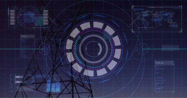 Sanal konsolda yansıtılan holografik arayüz, kule silueti, küre, kod panelleri, harita. Fütürist, teknolojik, dijital, yüksek teknoloji, arayüz, sürükleyici, veri görselleştirme