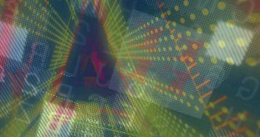 Saydam üçgen arayüzü, gösterge panelinde titreşen neon radyal çizgiler, sayısal karakterler. Teknoloji, veri, dijital, arayüz, fütüristik, yenilik, görselleştirme