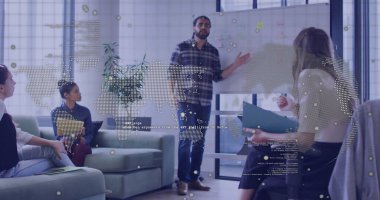 Gesturing presenter explaining project plan in meeting lounge, with whiteboard sticky notes. Collaboration, teamwork, brainstorming, modern, professional, innovation, communication