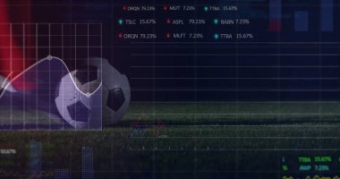 Sitting soccer ball resting on grass with digital line graphs and candlestick charts, copy space. Minimalist, analytical, modern, technology, finance, data visualization, sports